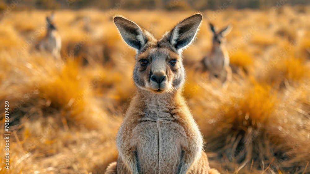 Poster a close up of a kangaroo in a field with other kangaroos in the background in the background, there 