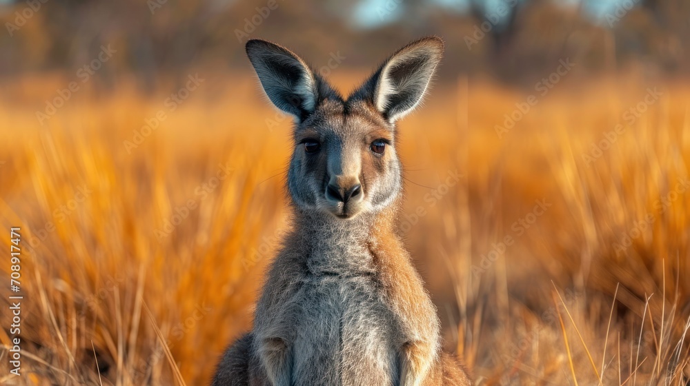 Poster a close up of a kangaroo standing in a field of tall grass with a blurry background of trees and gra