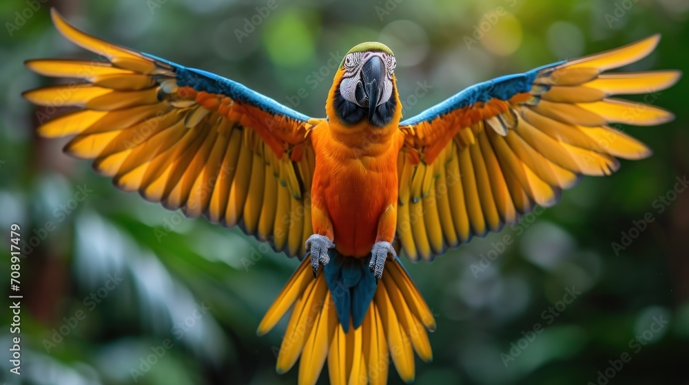 Poster a close up of a bird with its wings spread out and it's eyes wide open, with trees in the back groun