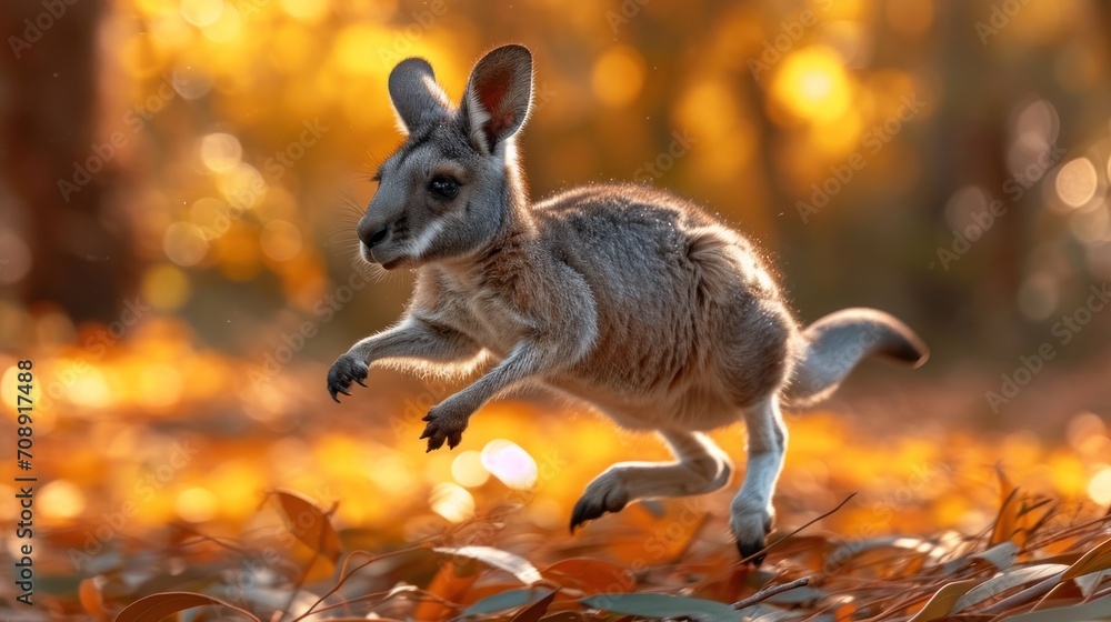 Aufkleber a small kangaroo is running through a field of leaves in the sunbeams of a forest with a blurry back