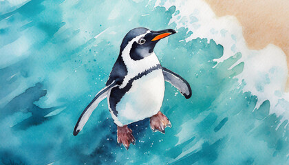 Naklejka premium Top view of a stilazed penguin in the ocean, watercolor art style, copy space on a side