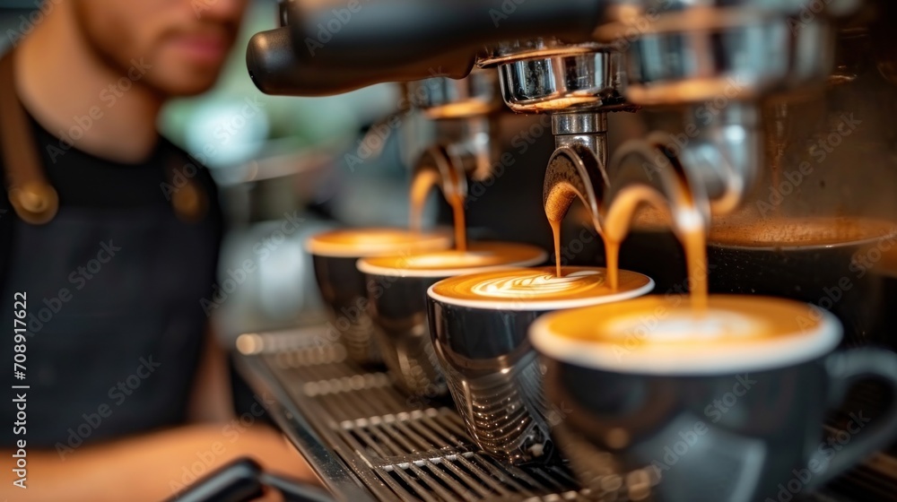 Aufkleber a man is pouring a cup of coffee into a line of espresso machines with espresso cups on each side of