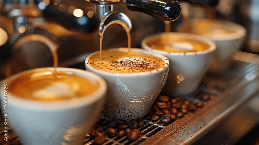 Poster a number of cups of coffee on a table with coffee beans and a faucet on the side of the table with c