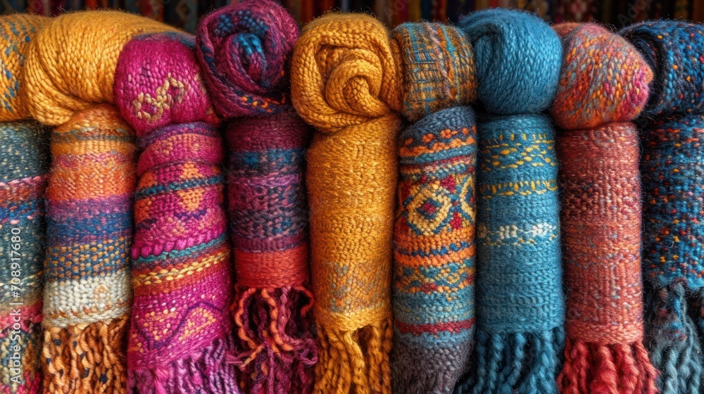 Poster  a row of multicolored yarns hanging up in a row on top of each other in front of a multicolored wall of multi - colored yarns.