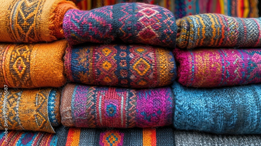 Poster a pile of multicolored knitted items sitting on top of a pile of multicolored knitted items sitting 