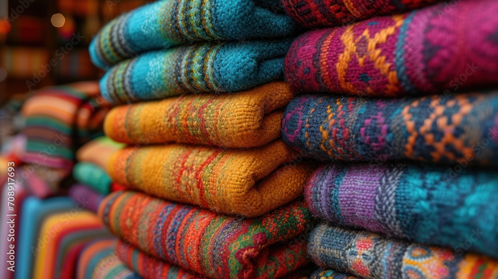 Poster a pile of multicolored knits stacked on top of each other on a table in front of a blurry background