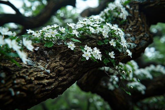 gnarled oak branches bedecked with fragrant blossoms