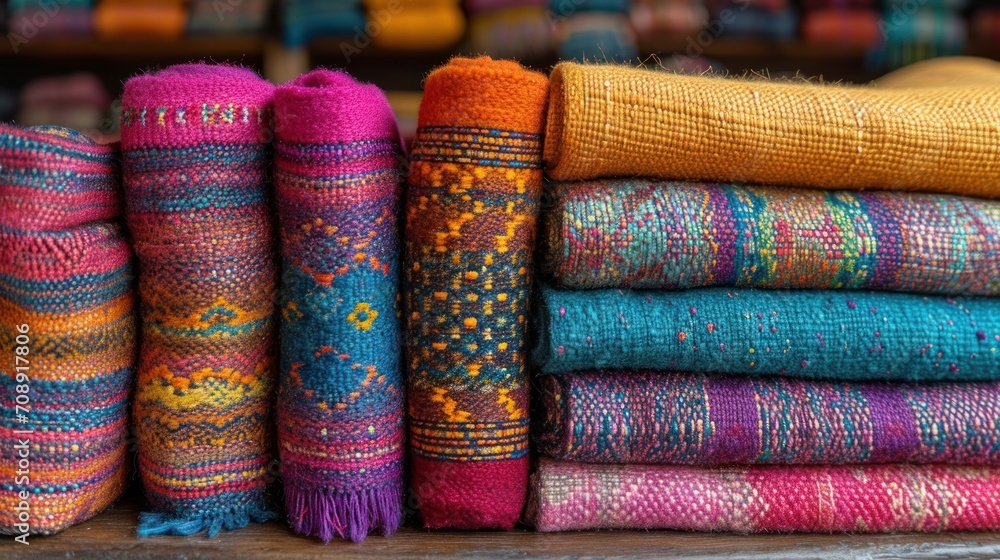 Poster a close up of a pile of different colored rugs on a table with a pile of different colored rugs on t