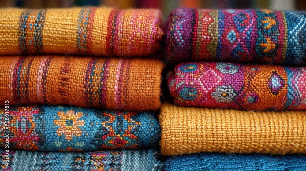 Poster a pile of colorful rugs stacked on top of each other in front of a bookshelf with bookshelves in the