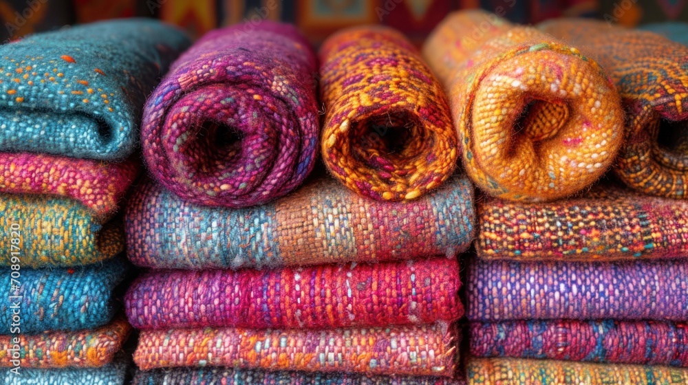 Poster a pile of colorful knitted blankets stacked on top of each other in front of a colorful wall of text