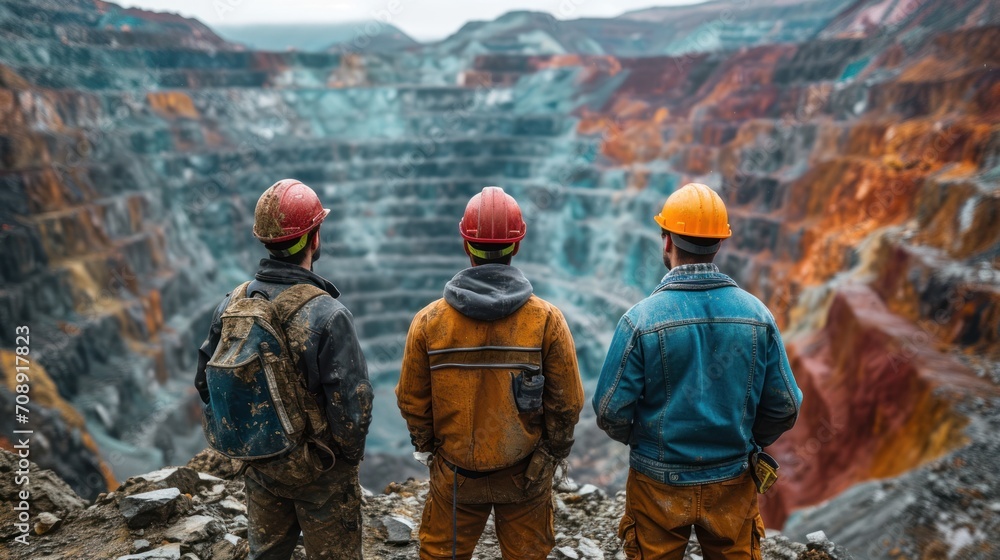 Poster a group of three men standing next to each other in front of a large canyon filled with rocks and a 