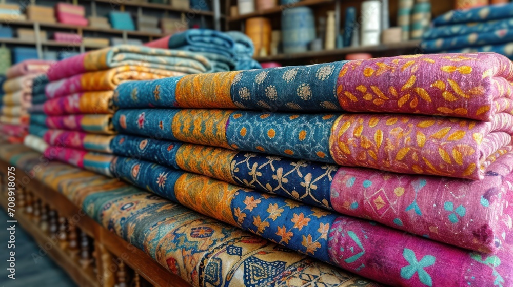 Poster a stack of colorful rugs sitting on top of a wooden table next to a shelf filled with lots of differ