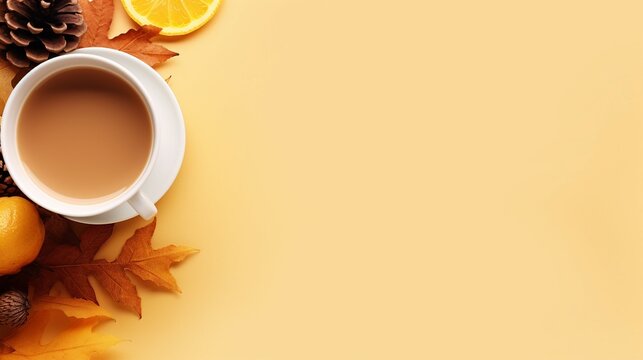 Top View Autumn Tea Composition: Cup, Maple Leaves, and Cozy Elements on Beige Background - Microstock Contributor's Fall Collection