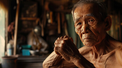 Elderly Thai Asian man in rural house