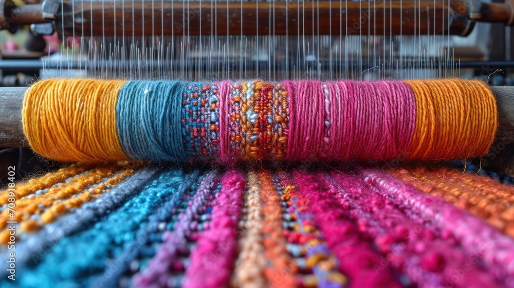 Poster a close up of a weaving machine with multicolored yarn on it's spool and a spool of thread in the fo