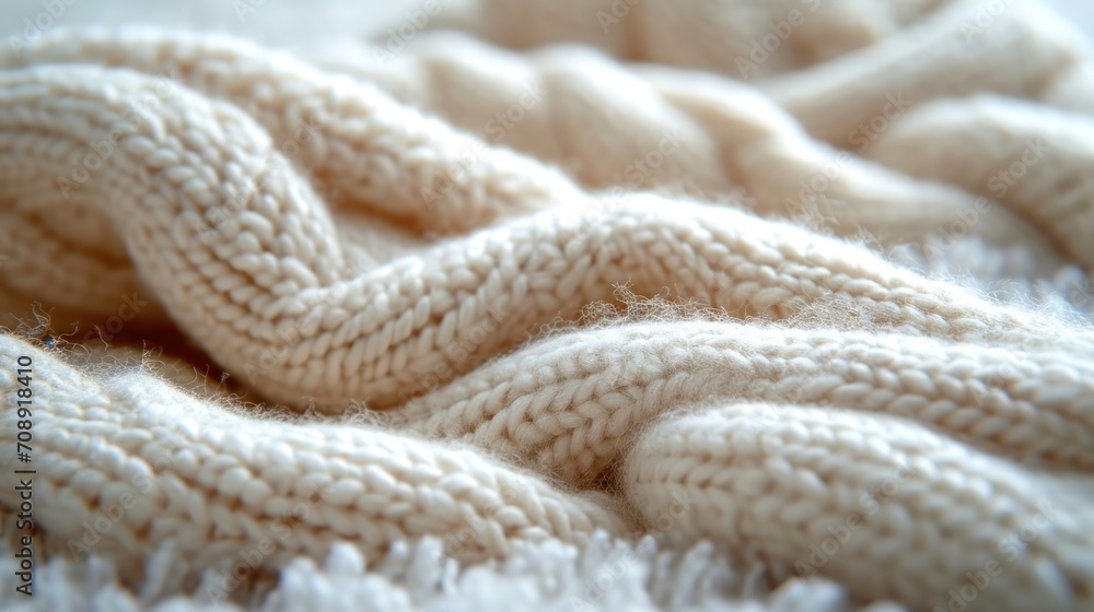 Poster a close up of a white blanket with a knoted design on the end of the blanket and the end of the blan