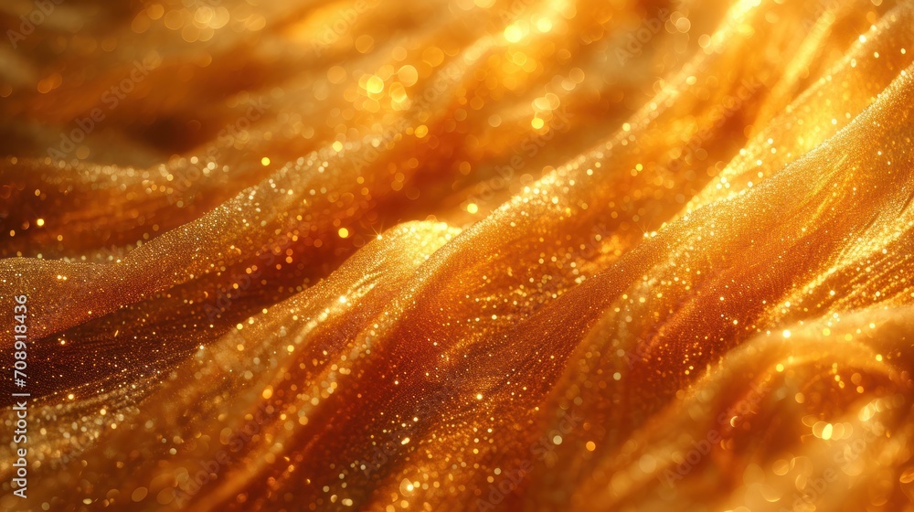 Poster a close up view of a gold colored fabric with small drops of water droplets on the top of the fabric