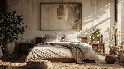  a bed room with a neatly made bed and a potted plant on the side of the bed and a painting on the wall above the bed and a rug on the floor.