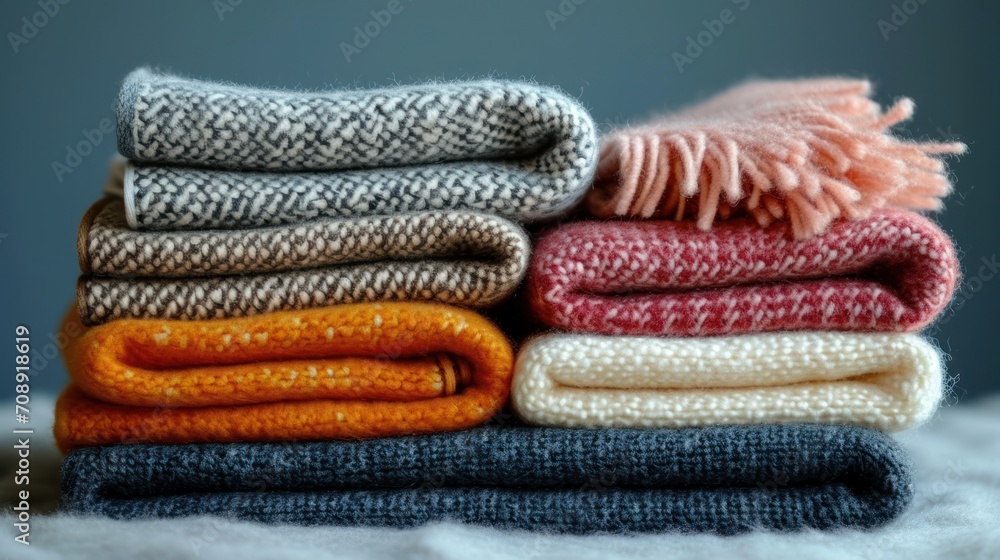 Aufkleber a stack of folded blankets sitting on top of a white blanket covered in a pile of multicolored blank