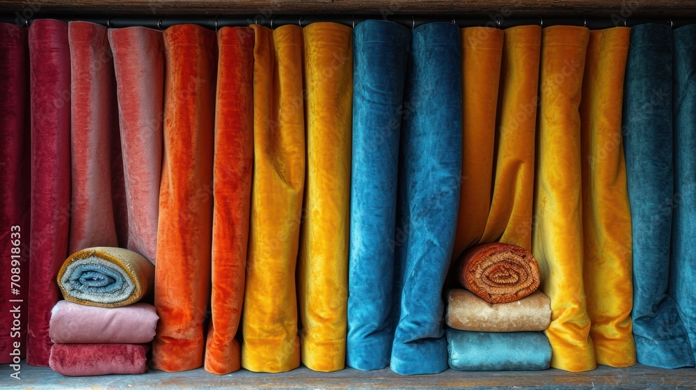 Poster a room filled with lots of different colored blankets and a pile of blankets on top of each other in