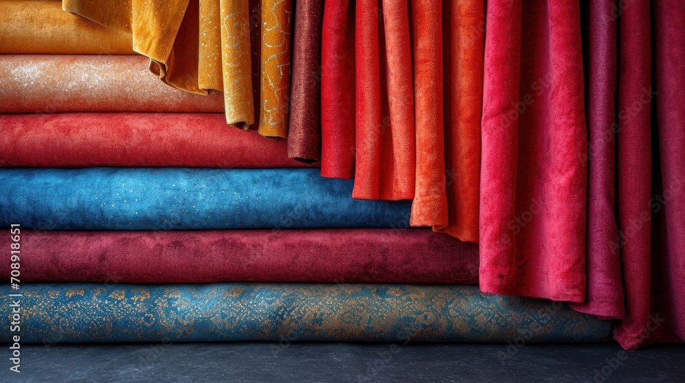 Aufkleber a bunch of different colored sheets stacked on top of each other in front of a wall with a curtain h