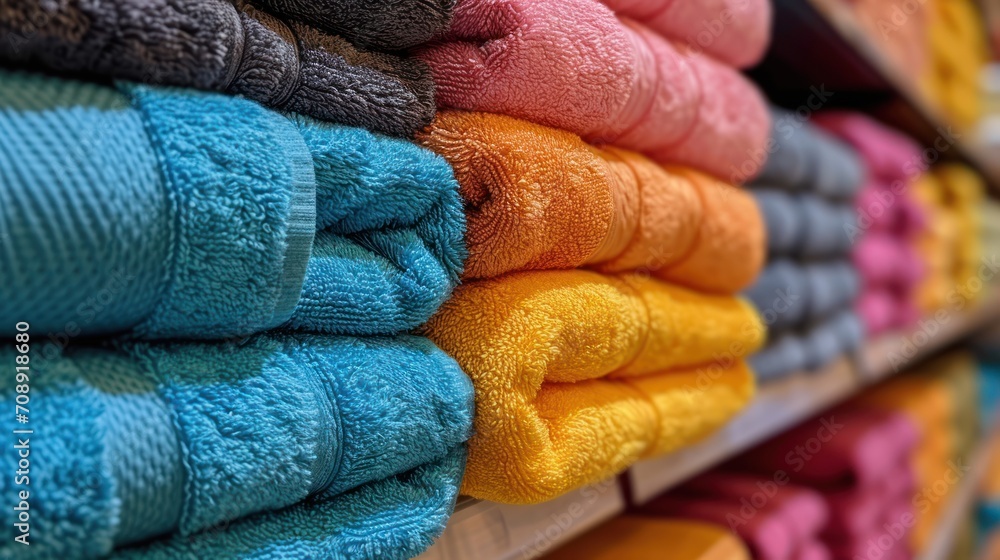 Poster a store with a shelf filled with a variety of colorful towels the towels are neatly arranged on the 