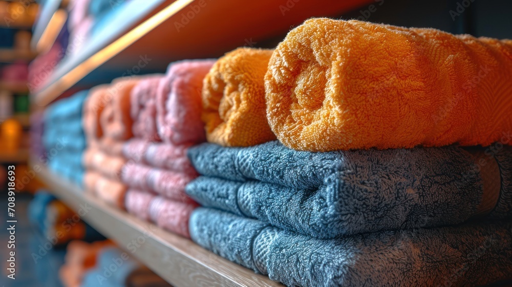 Poster a row of towels sitting on top of a wooden shelf next to a shelf with a surfboard on top of it and a