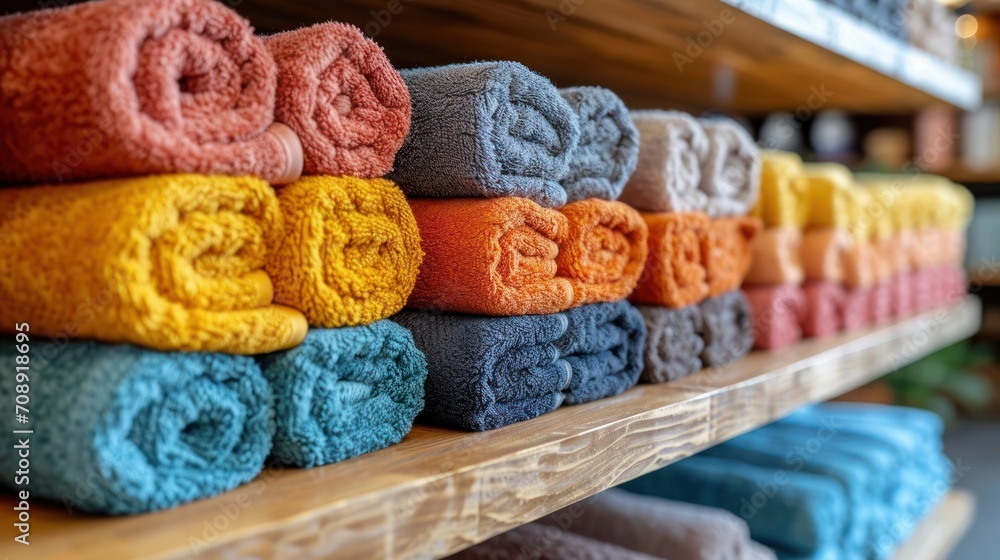 Aufkleber a row of towels sitting on top of a wooden shelf next to a row of other towels on top of a wooden sh