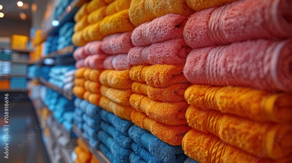 Poster a bunch of towels are stacked up on a rack in a store with a blurry background of the floor and the 