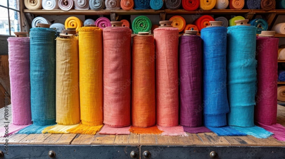 Poster a row of different colored spools of thread on a wooden table with other spools of spools of thread 