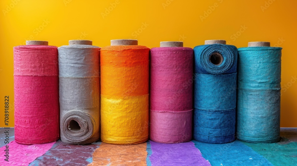 Poster a row of multicolored spools of thread sitting next to each other on top of a multicolored tableclot