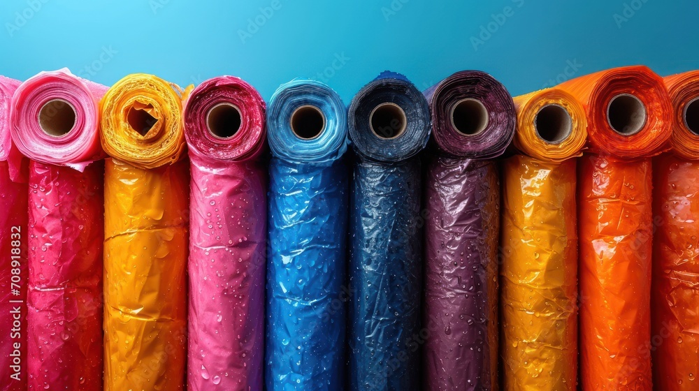 Poster a row of colorful rolls of foil lined up in a row on a blue background with a blue wall in the backg