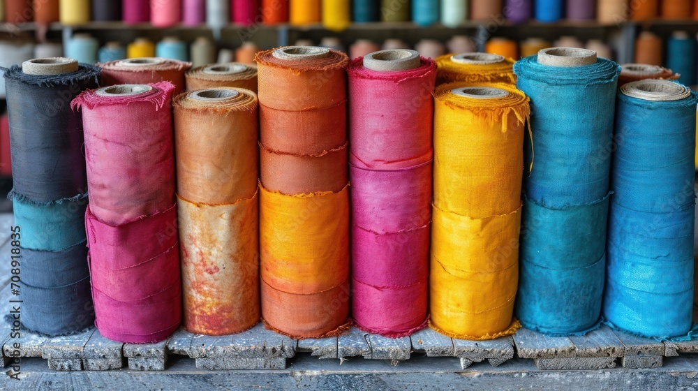 Poster a row of multicolored spools of thread in front of a row of colored spools in front of a row of othe