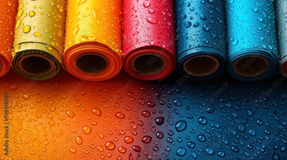 Poster a close up of a bunch of water droplets on a surface with a color chart in the bottom left corner of