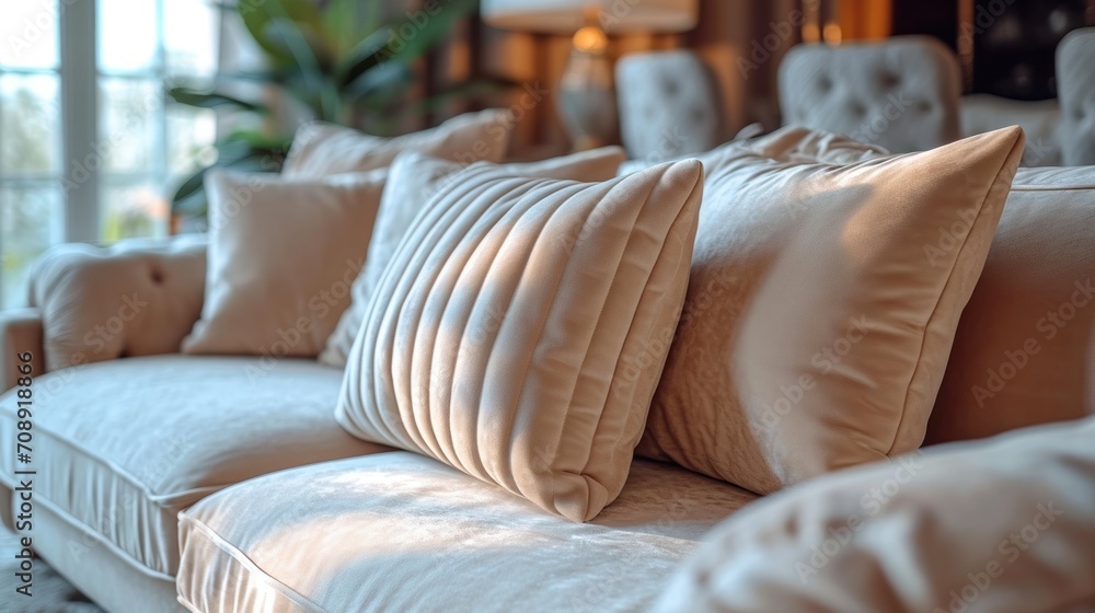 Poster a couch with a bunch of pillows on top of it in a room with a large window and a potted plant in the
