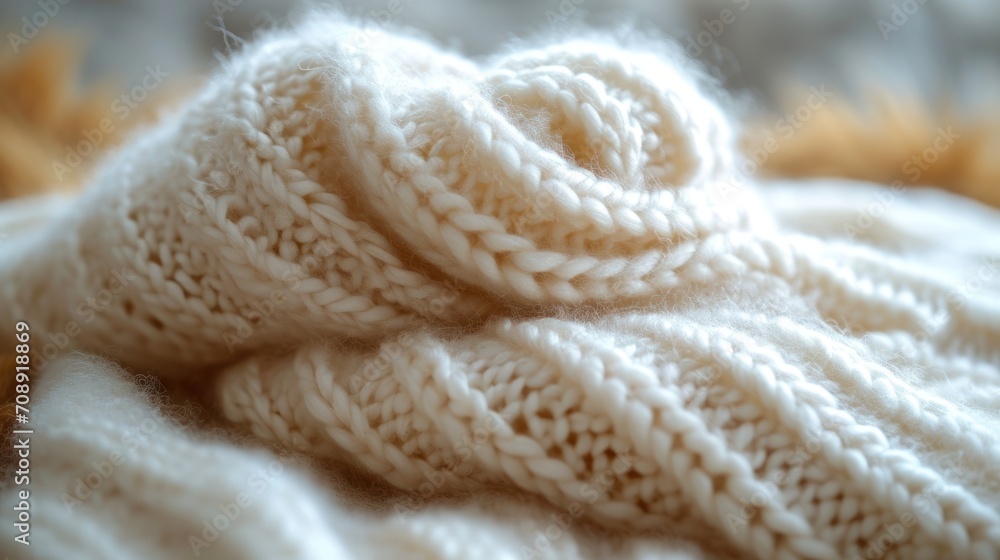 Poster a close up of a knitted blanket with a knot at the end of the blanket and the end of the blanket at 