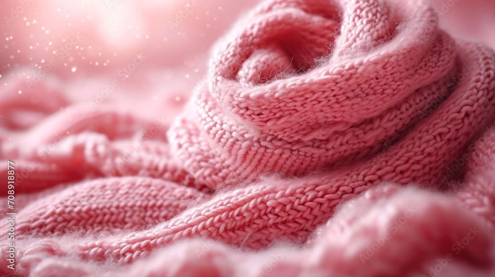Poster a close up of a pink knitted blanket with a snowflake in the background and a blurry image of snow f