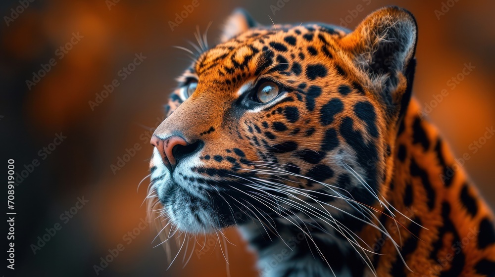 Poster a close - up of a leopard's face with a blurry background and a blurry image of the head of a cat in
