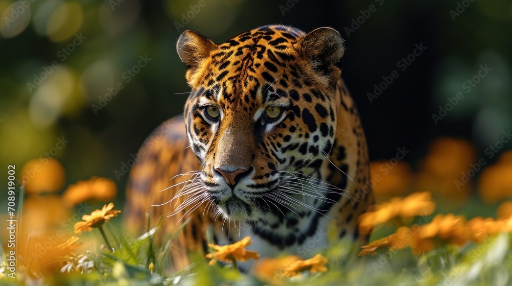 Poster a close up of a tiger walking in a field of grass and flowers with yellow flowers in the foreground 