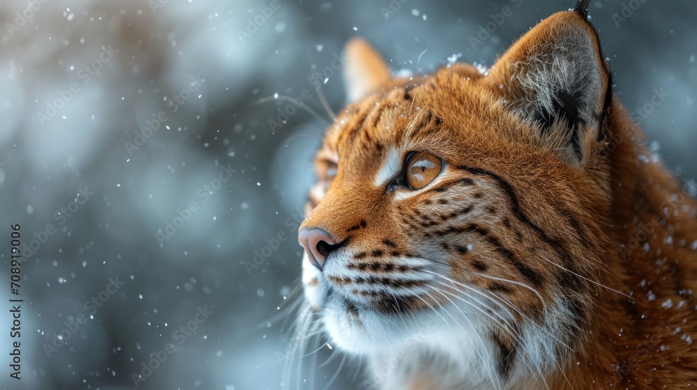 Poster a close up of a cat's face with snow falling on it's face and behind it is a blurry background of tr