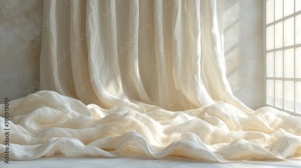 Aufkleber a room with a white curtain and a window with a curtain valance on the side of the window and a whit