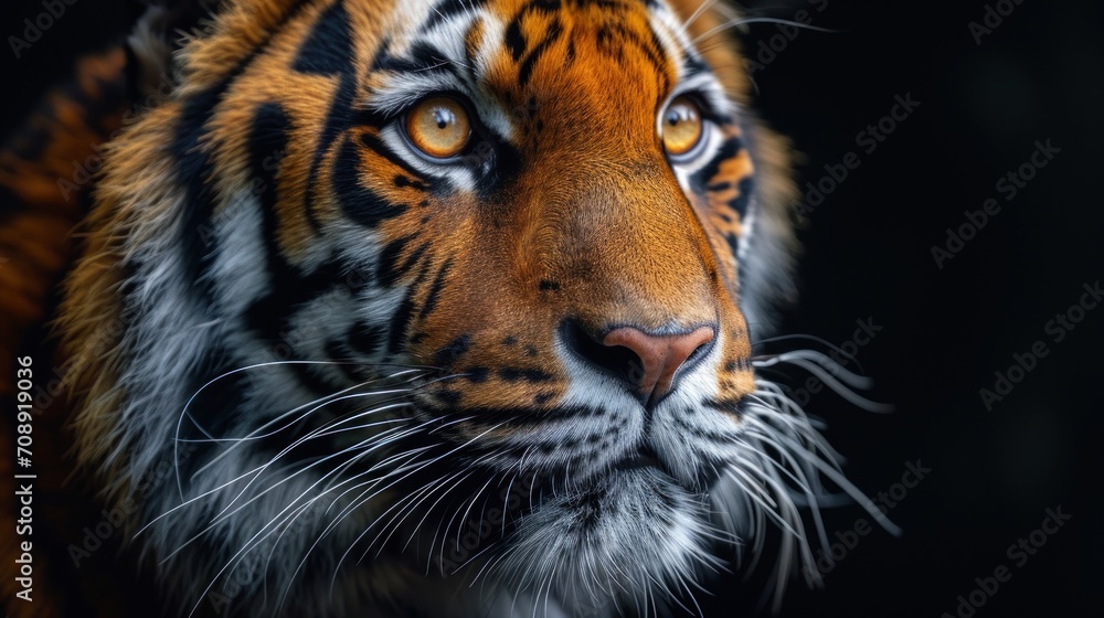 Poster a close - up of a tiger's face on a black background with a blurry effect to it's left and right sid