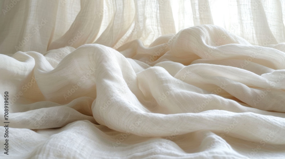 Aufkleber a close up of a bed with a white comforter on top of it and a white curtain in the background with a