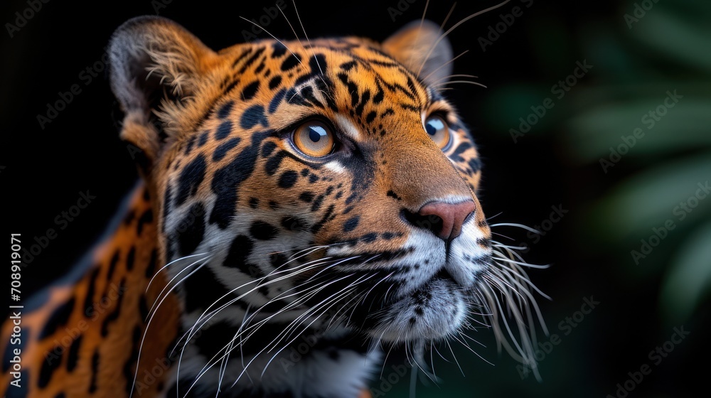 Poster a close up of a tiger's face with green leaves in the backgroung of the image in the backgroungeund 
