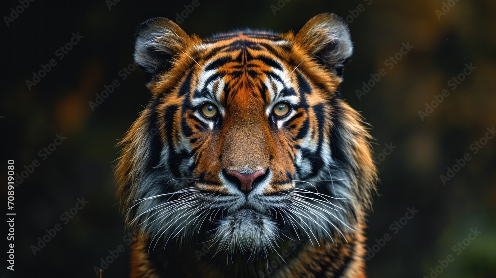 Aufkleber a close up of a tiger's face looking at the camera with a blurry background of trees in the foregrou