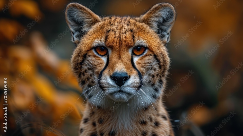 Poster a close up of a cheetah's face in front of a blurry background of leaves and a tree with yellow and 
