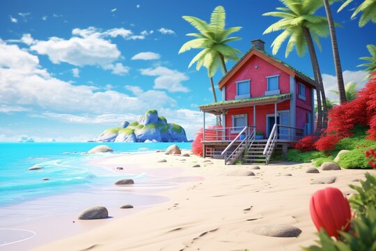 A colorful illustration depicting a beach scene with a house on the beach