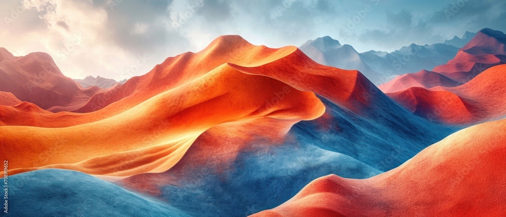 Poster a painting of a mountain range with a blue sky in the background and a red and blue mountain range i
