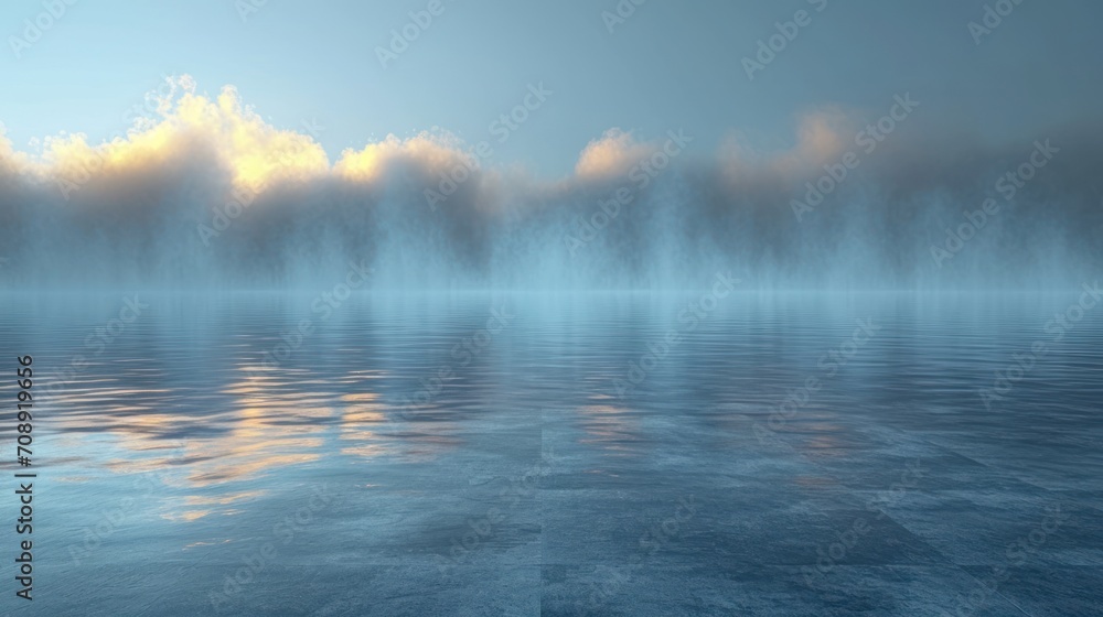 Poster a large body of water with some clouds in the sky and some water in the foreground with a few clouds