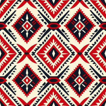 Red and black navajo geometric seamless pattern. Colorful traditional carpet print. Ethnic boho background design for textile, home decor, banner, web design, fashion, web   